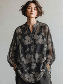 Women's Classic Casual Henley Neck And Lantern Sleeves Loose-Fit Jacquard Shirt (Includes Camisole)ZMZ3089G1ZYY