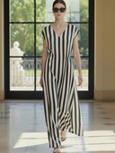 Women's French-style Elegant Tencel Blend Vertical Striped V-neck Maxi Dress ZMZ0537B6K