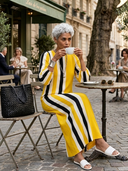 Women's Casual Cotton-Linen Printed Vertical-Stripe Round Neck And Lantern Sleeves Loose Maxi Dress ZMZ3069G8ZYY