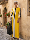 Women's Casual Cotton-Linen Printed Vertical-Stripe Round Neck And Lantern Sleeves Loose Maxi Dress ZMZ3069G8ZYY