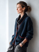 Women's Classic Navy V-Neck Button-Front Knit Cardigan With Red Contrast Trim ZMZ3058I8SWL