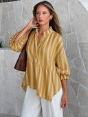 Women's Vintage Casual Linen Blend Vertical Stripes Mandarin Collar, and Lantern Sleeves Loose Blouse ZMZ2818E2ZYY