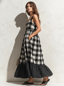 Women's Vintage Casual Cotton-Linen Plaid Ruffled Sleeveless Maxi Dress ZMZ0287F1ZJY