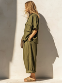 Women's Retro Casual Cotton Linen Short-Sleeve Top And Pants Set ZMZ0497F1ZJY