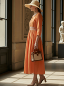 Women's Elegant Cotton-linen Blend With Embroidered Waist Short-sleeved Maxi Dress ZMZ2686B0K