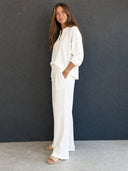 Women's Retro Casual Lazy Style Solid Color Waffle Henley Top And Pants Set ZMZ1547G4ZJY