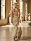 Women's Vacation Style Old-fashion Knitted Sleeveless Fitted Maxi Dress (including Waist Scarf) ZMZ2498B2K