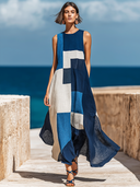 Women's Retro Casual Geometric Print Round Neck Sleeveless Midi Dress ZMZ1547D4ZJY
