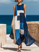 Women's Retro Casual Geometric Print Round Neck Sleeveless Midi Dress ZMZ1547D4ZJY