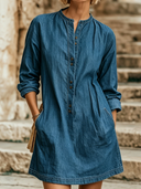 Women's Retro Casual Denim Long-Sleeved Henley Collar Mini Dress ZMZ1583D3ZJY