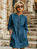 Women's Retro Casual Denim Long-Sleeved Henley Collar Mini Dress ZMZ1583D3ZJY