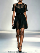 Women's Solid-Color Chiffon Ruched Round-Neck Short-Sleeve Mini Dress ZMZ1654D0XT