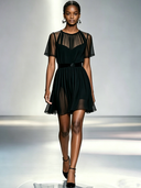 Women's Solid-Color Chiffon Ruched Round-Neck Short-Sleeve Mini Dress ZMZ1654D0XT