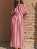 Women's Vacation Style Cotton-Blend Striped Notch Neck Dolman Sleeve Maxi Dress With Pockets ZMZ1711D2P