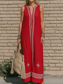 Women's Vacation Style Linen-Cotton Sleeveless Embroidered Maxi Dress With Slit ZMZ1792D4P