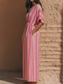Women's Vacation Style Cotton-Blend Striped Notch Neck Dolman Sleeve Maxi Dress With Pockets ZMZ1711D2P