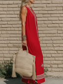 Women's Vacation Style Linen-Cotton Sleeveless Embroidered Maxi Dress With Slit ZMZ1792D4P