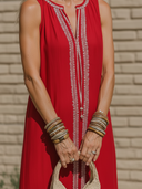 Women's Vacation Style Linen-Cotton Sleeveless Embroidered Maxi Dress With Slit ZMZ1792D4P