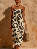 Women's Vacation Style Linen-Cotton Abstract Print Spaghetti Strap Maxi Dress ZMZ2099D1P