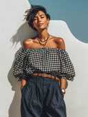 Women's Cotton-Linen Plaid Off-the-Shoulder Short-Sleeve Shirt ZMZ2107D9XT