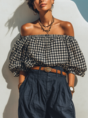 Women's Cotton-Linen Plaid Off-the-Shoulder Short-Sleeve Shirt ZMZ2107D9XT