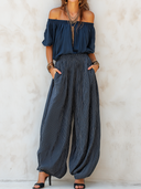 Women's Retro Casual Cotton-Linen Striped Off-Shoulder Top & Pants Two-Piece Set ZMZ2101D9ZJY
