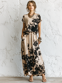 Women's Retro Casual Color Block Cotton Linen Round Neck Short Sleeve Midi Dress ZMZ2112D2ZJY