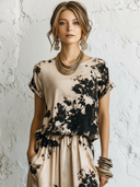 Women's Retro Casual Color Block Cotton Linen Round Neck Short Sleeve Midi Dress ZMZ2112D2ZJY