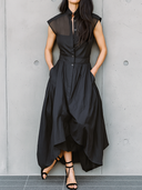 Women's Retro Casual Chiffon Sleeveless Stand Collar Shirt Midi Dress ZMZ2273D8ZJY