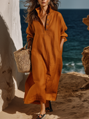 Women's Cotton Linen Collared Long-sleeved Loose-fitting Maxi Dress ZMZ2218D6XT