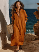 Women's Cotton Linen Collared Long-sleeved Loose-fitting Maxi Dress ZMZ2218D6XT