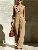 Women's Classic Commuter-Style Camel Cotton Sleeveless Jumpsuit With Front Buttons ZMZ2384D8U