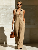 Women's Classic Commuter-Style Camel Cotton Sleeveless Jumpsuit With Front Buttons ZMZ2384D8U
