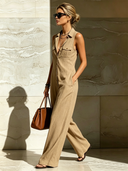 Women's Classic Commuter-Style Camel Cotton Sleeveless Jumpsuit With Front Buttons ZMZ2384D8U