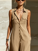 Women's Classic Commuter-Style Camel Cotton Sleeveless Jumpsuit With Front Buttons ZMZ2384D8U