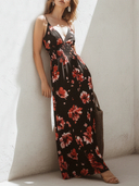 Women's Elegant Retro V-Neck Sleeveless With Rose Pattern Slim Fit Cotton Maxi Dress ZMZ2359D2ZYY