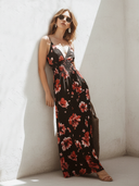 Women's Elegant Retro V-Neck Sleeveless With Rose Pattern Slim Fit Cotton Maxi Dress ZMZ2359D2ZYY