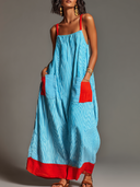 Women's Vacation Style Linen-Cotton Striped Color Block Spaghetti Strap Maxi Dress With Pockets ZMZ2409D1YZH