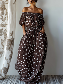 Women's Vacation Style Chiffon Polka Dot Off-Shoulder Smocked Waist Maxi Dress With Pockets ZMZ2436D3YZH