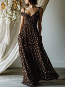 Women's Vacation Style Chiffon Polka Dot Off-Shoulder Spaghetti Strap Maxi Dress With Pockets ZMZ2465D0YZH