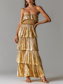 Women's Pleated Sleeveless Gold Ruffle Maxi Dress ZMZ2475D4XT