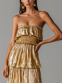Women's Pleated Sleeveless Gold Ruffle Maxi Dress ZMZ2475D4XT