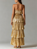 Women's Pleated Sleeveless Gold Ruffle Maxi Dress ZMZ2475D4XT