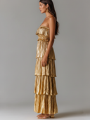 Women's Pleated Sleeveless Gold Ruffle Maxi Dress ZMZ2475D4XT