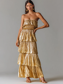 Women's Pleated Sleeveless Gold Ruffle Maxi Dress ZMZ2475D4XT