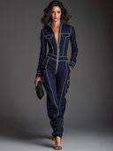 Women's Denim Collared Zippered Multi-Pocket Jumpsuit ZMZ2429D8XT