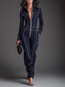Women's Denim Collared Zippered Multi-Pocket Jumpsuit ZMZ2429D8XT