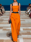 Women's Runway Style Textured Linen-Blend Square Neck Wide Leg Jumpsuit With Belt & Contrast Straps ZMZ2451D2YZH