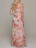 Women's Elegant Chiffon Floral Print Sweetheart Neck Ruffle Sleeve Ruched Slit Maxi Dress ZMZ2311D3YZH