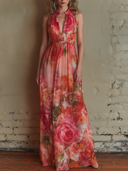 Women's Vacation Style Chiffon Floral Print Sleeveless Mock Neck Maxi Dress ZMZ2499D9YZH